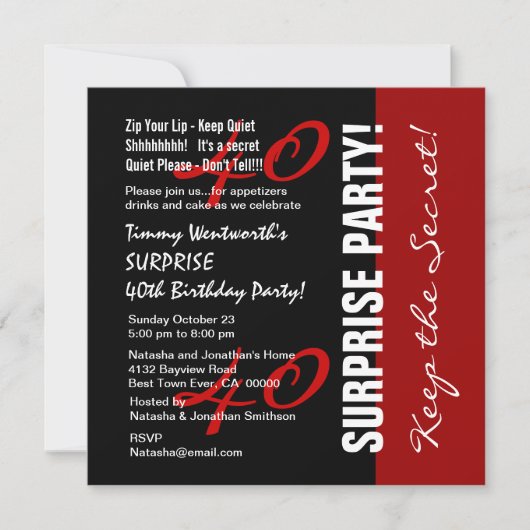Invitation 40e SURPRISE Anniversaire Noir Rouge Blanc W1895 (Devant)