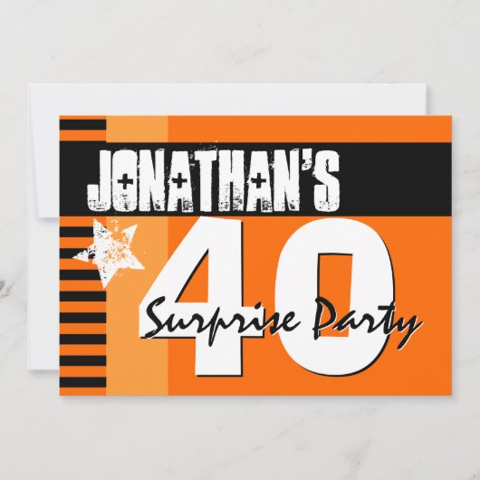Invitation 40e SURPRISE Party Orange et Black Stripes A2 (Devant)