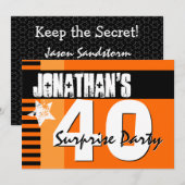 Invitation 40e SURPRISE Party Orange et Black Stripes A2 (Devant / Derrière)