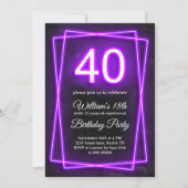 Invitation 40ème Amusant Quarante Lumières Neon Rétro Noir An (Devant)