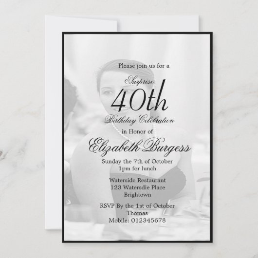 Invitation 40ème Classy Elegant Photo Monogramme Anniversaire (Devant)