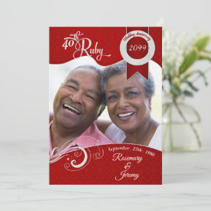 Invitation 40ème Damask Ruby Rouge Vibrant Photo Personnalisé