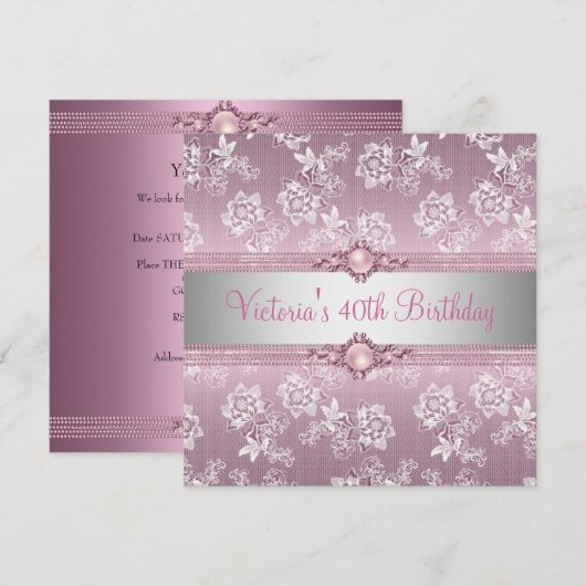Invitation 40ème Pink White Silver Lace Floral Anniversaire (Devant / Derrière)