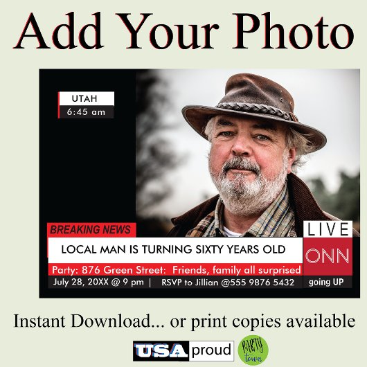 Invitation 40th 50th 60th Birthday Mens Funny TV News