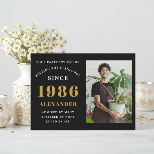 Invitation 40th Birthday 1986 Black Gold Personalized Photo
