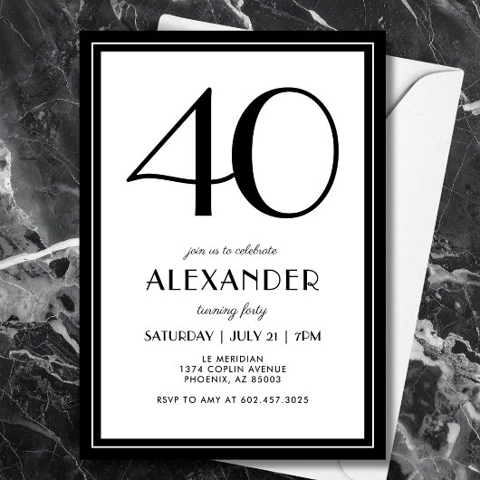 Invitation 40th Birthday Black and White Modern Minimalist 