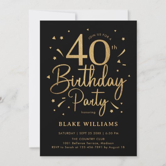 Invitation 40th Birthday Black Gold (Devant)