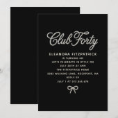 Invitation 40th Birthday Black White Pearl Script Bow (Devant / Derrière)