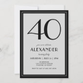 Invitation 40th Birthday Modern Minimalist Mens Black Gray (Devant)