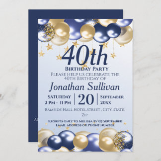 Invitation 40th Birthday Navy Gold Balloons Party