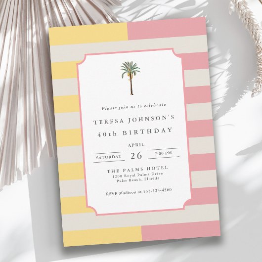 Invitation 40th Birthday Palm Beach Pastel Stripe Tropical
