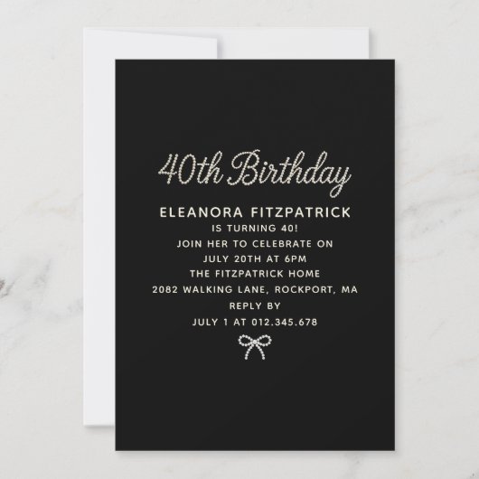 Invitation 40th Birthday Party Black White Pearl Script Bow (Devant)