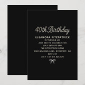 Invitation 40th Birthday Party Black White Pearl Script Bow (Devant / Derrière)