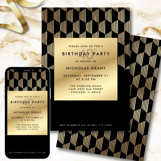 Invitation 40th Birthday Party Modern Black and Gold Foil