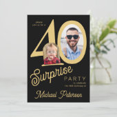 Invitation 40th birthday photo black gold 40 years party (Debout devant)