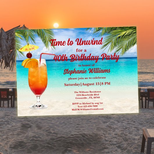 Invitation 40th Birthday Summer Cocktail Beach Party