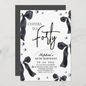 Invitation 40th Black White Bow Birthday Party (Devant / Derrière)