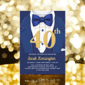 Invitation 40th Navy Blue and Gold Tuxedo Birthday Event