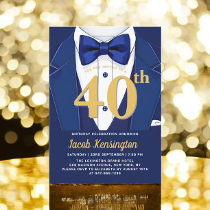 Invitation 40th Navy Blue and Gold Tuxedo Birthday Event