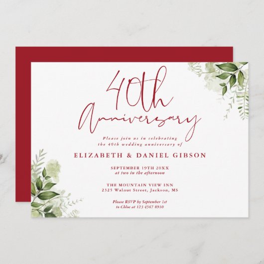Invitation 40th Wedding Anniversary Greenery Floral (Devant / Derrière)