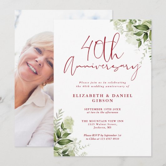 Invitation 40th Wedding Anniversary Greenery Floral Photo (Devant / Derrière)