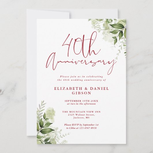 Invitation 40th Wedding Anniversary Greenery Ruby Script (Devant)