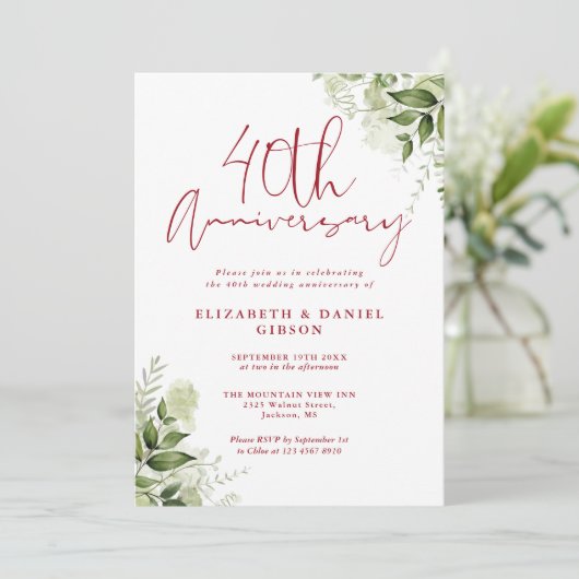 Invitation 40th Wedding Anniversary Greenery Ruby Script (Debout devant)