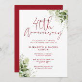 Invitation 40th Wedding Anniversary Greenery Ruby Script (Devant / Derrière)