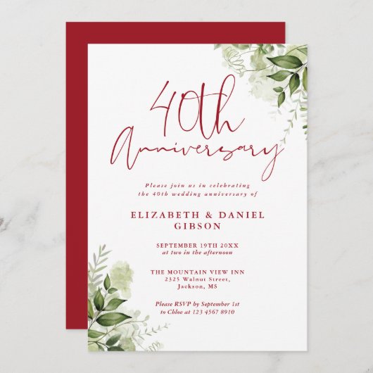 Invitation 40th Wedding Anniversary Greenery Ruby Script (Devant / Derrière)