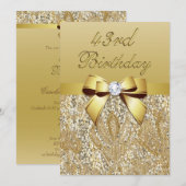 Invitation 43e Anniversaire Doré Faux Paillettes et Nœud (Devant / Derrière)