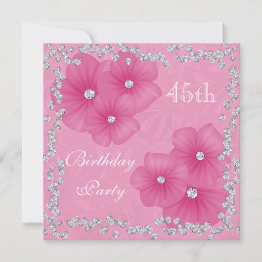 Invitation 45 ans Fleurs & Damassé Rose (Devant)