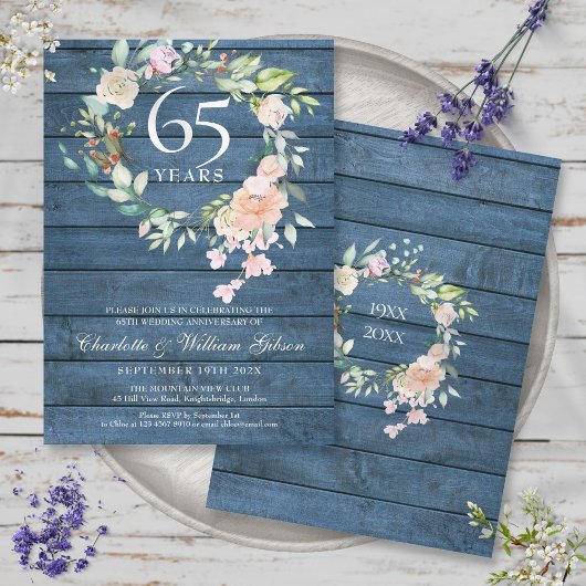 Invitation 45e 65e Anniversaire de Mariage Floral Bleu Rustiq
