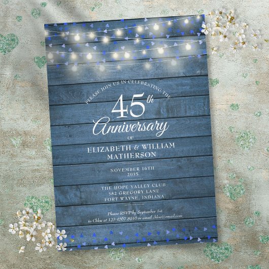 Invitation 45e 65e anniversaire des lampes à cordes Coeurs de