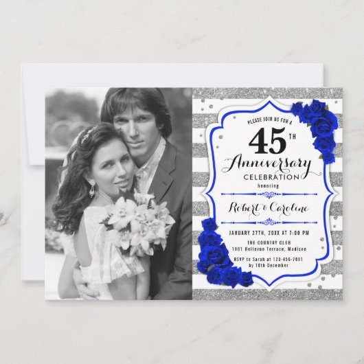 Invitation 45e Anniversaire avec Photo - Argent Bleu Saphir (Devant)