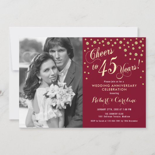 Invitation 45e anniversaire avec photo - Rouge rubis or (Devant)