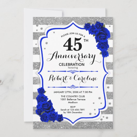 Invitation 45e Anniversaire - Bleu Saphir Blanc Argent (Devant)