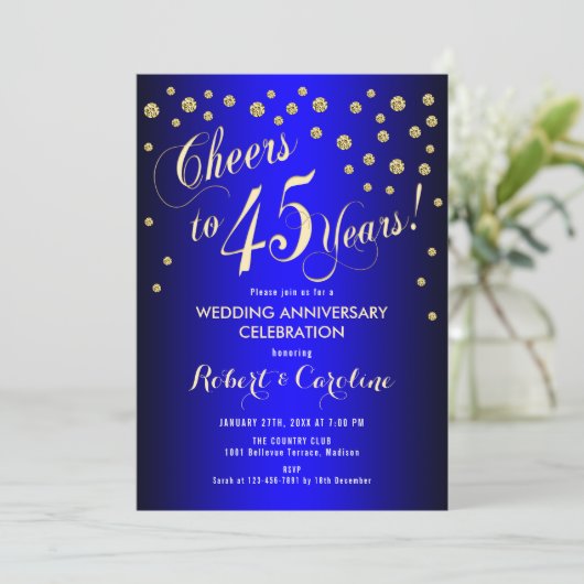 Invitation 45e anniversaire de mariage - Bleu royal & Or (Debout devant)