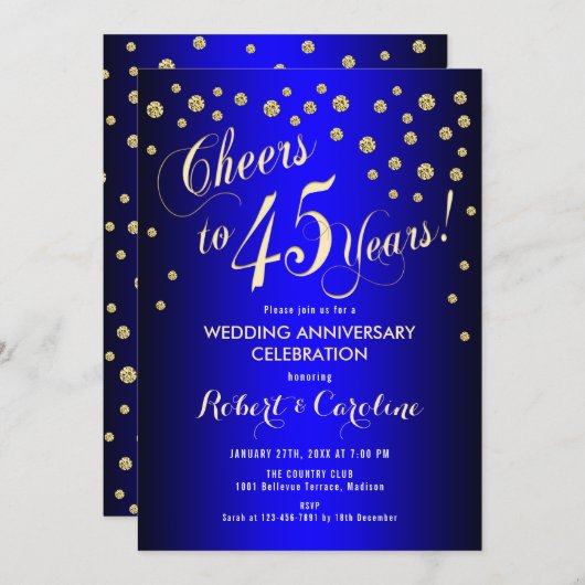 Invitation 45e anniversaire de mariage - Bleu royal & Or (Devant / Derrière)