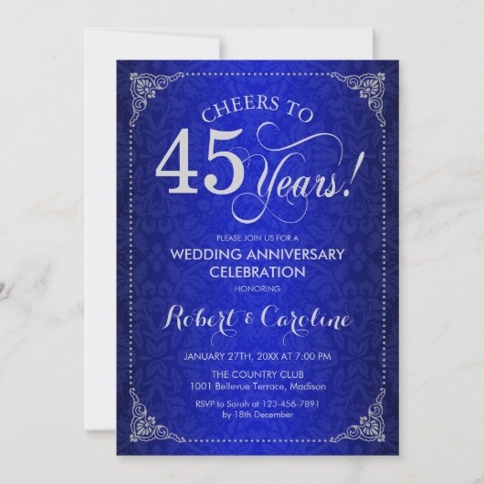 Invitation 45e anniversaire de mariage - Damask argenté bleu (Devant)