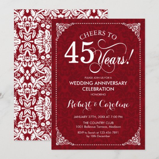 Invitation 45e anniversaire de mariage - Damassé blanc rouge (Devant / Derrière)