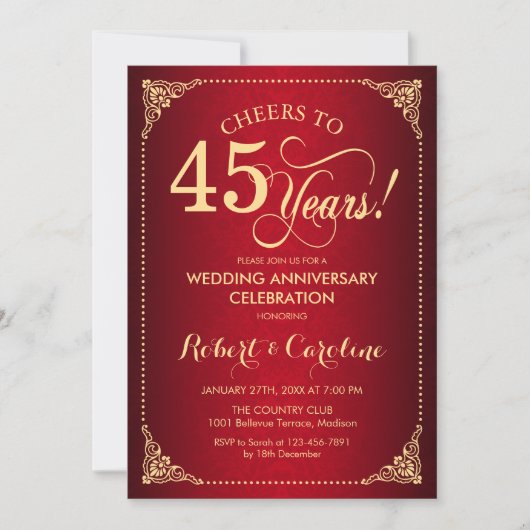Invitation 45e anniversaire de mariage - Damassé rouge or (Devant)