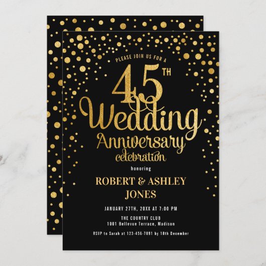 Invitation 45e anniversaire de mariage - Noir et or (Devant / Derrière)