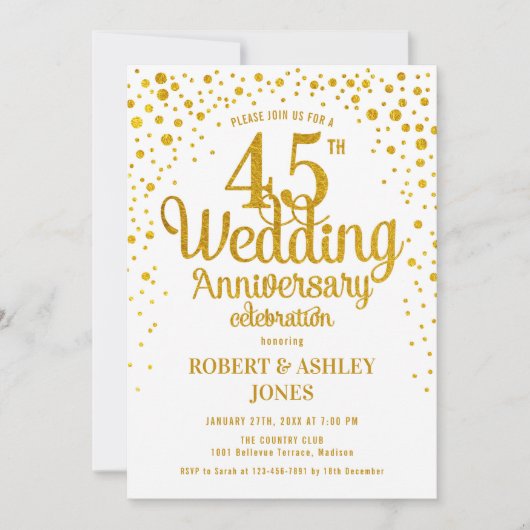 Invitation 45e anniversaire de mariage - Or et blanc (Devant)