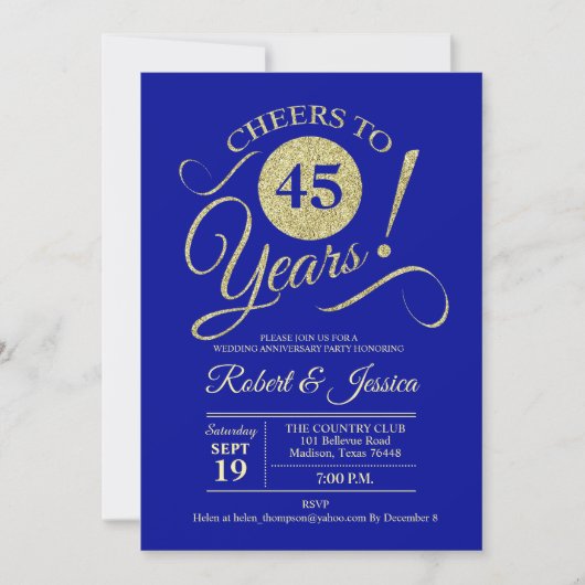 Invitation 45e anniversaire de mariage or saphir bleu (Devant)