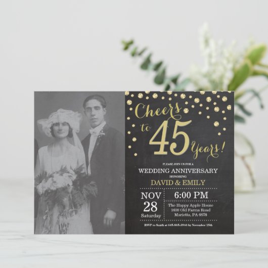 Invitation 45e anniversaire de mariage tableau noir et or (Debout devant)