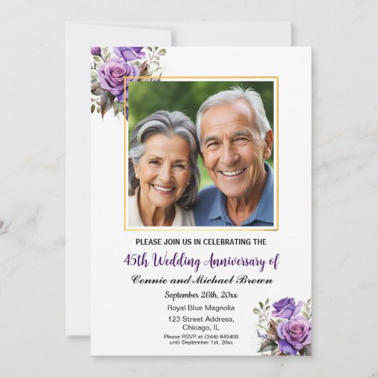 Invitation 45e anniversaire Mariage Gold Frame Roses violets (Devant)