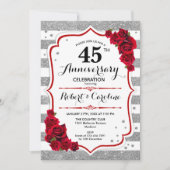 Invitation 45e Anniversaire - Roses rouges blanches argentées (Devant)