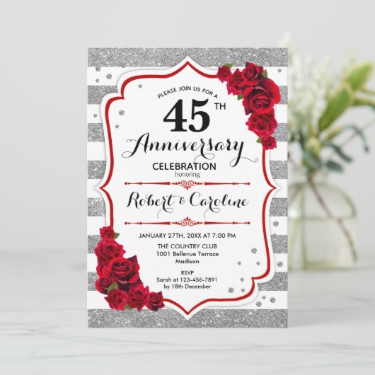 Invitation 45e Anniversaire - Roses rouges blanches argentées (Debout devant)