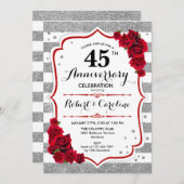 Invitation 45e Anniversaire - Roses rouges blanches argentées (Devant / Derrière)