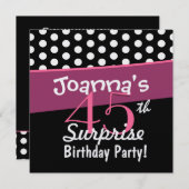 Invitation 45e anniversaire surprise Pois blancs noirs roses (Devant / Derrière)